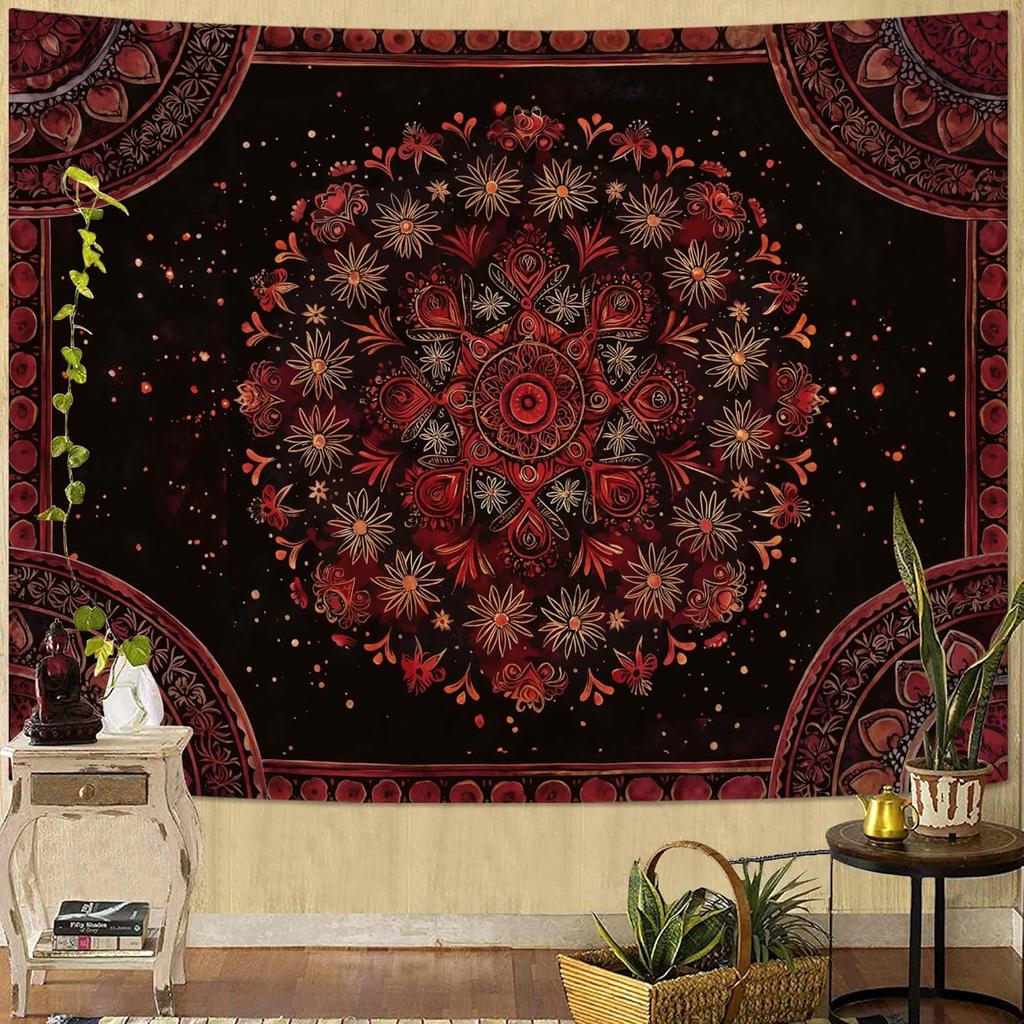 Boho Mandala Tapestry Wall Hanging Hippie Bohemian Floral Flower Medallion Tapestry Aesthetic Large Vintage Black Red Indian
