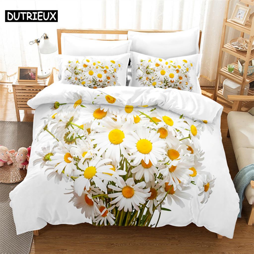 White Daisy Queen Bedding Set Duvet Cover Kids Bedroom Bed Set Comforter Cover Set King Size Duvet Cover Set Bedding Sets