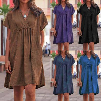 Women's Summer Dresses Women's Cotton Linen Dress Ruffle V Neck T-Shirt Dress Loose Fit Short Sleeve  Dress