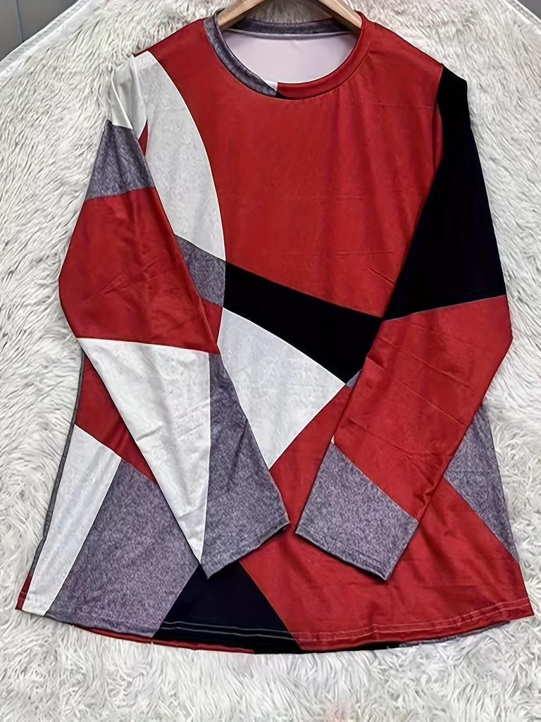 Plus Size Women's Color Block Geometric Print Long Sleeve Top - Multiple Colors, Spring/Autumn Style