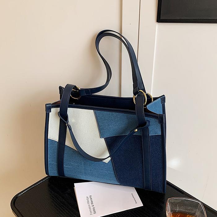 Large-capacity Bag Women's New Spring and Summer Contrasting Color Splicing Shoulder Bag Class Commuter Tote Bag