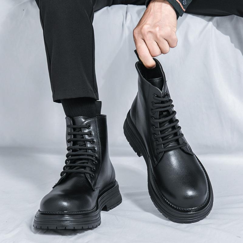 Martin boots winter black high-top British style thick-soled heightening casual leather shoes couple's new large-size short boots