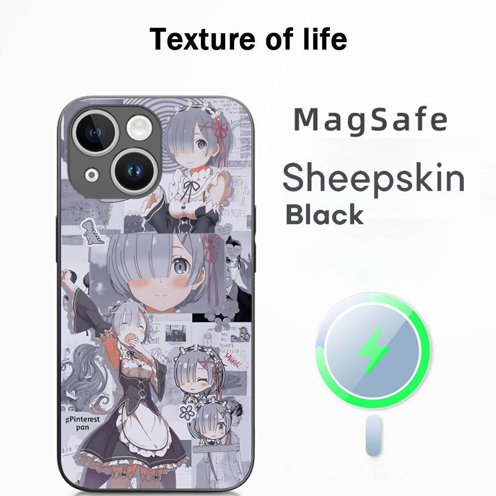 Coque de téléphone motif anime classique fille mignonne Re zero Pour iPhone 17 16 15 14 13 12 Plus Pro Max Haut de gamme Luxe Magsafe Peau de mouton