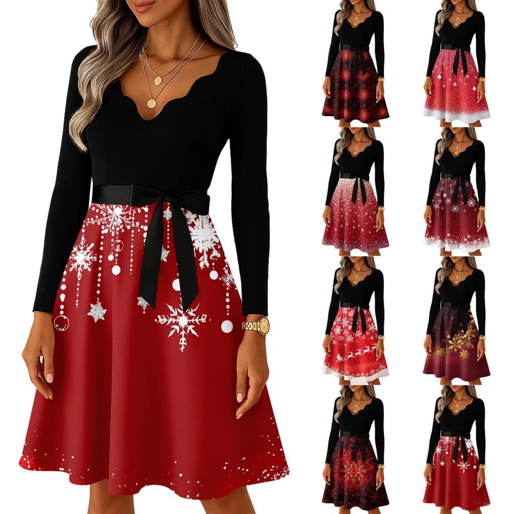 Kvinners avslappet mote langermet julegrafisk trykt vintage lange kjoler