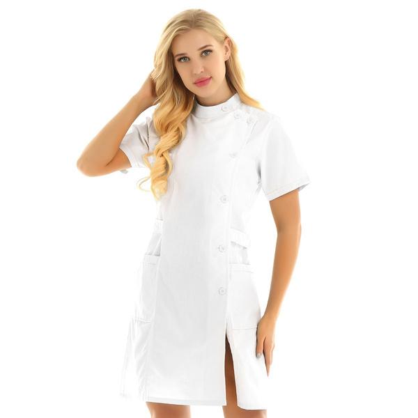 Женская униформа медсестры, одежда с коротким рукавом и пуговицами спереди, лабораторный халат, платье для кормления XXL белый