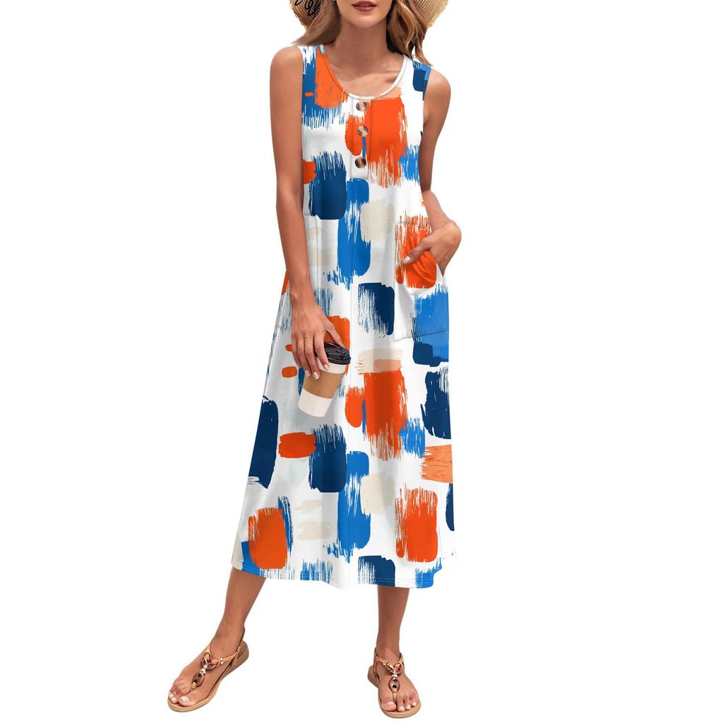 Women's Summer Maxi Dress Sleeveless Button Down Casual Loose Long Beach Sundress Travel Vacation Outfits