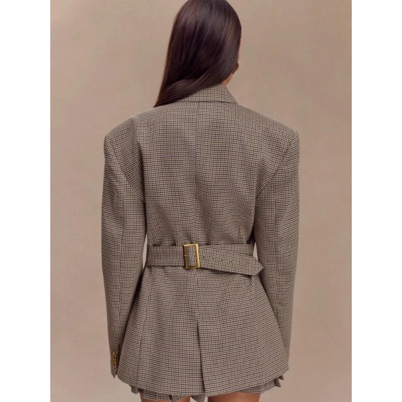 Women Lapel Long Sleeves Plaid Jacket Khaki Woman Commute V Neck Loose Coat  Female Fashion Charm Office Street Outercoats
