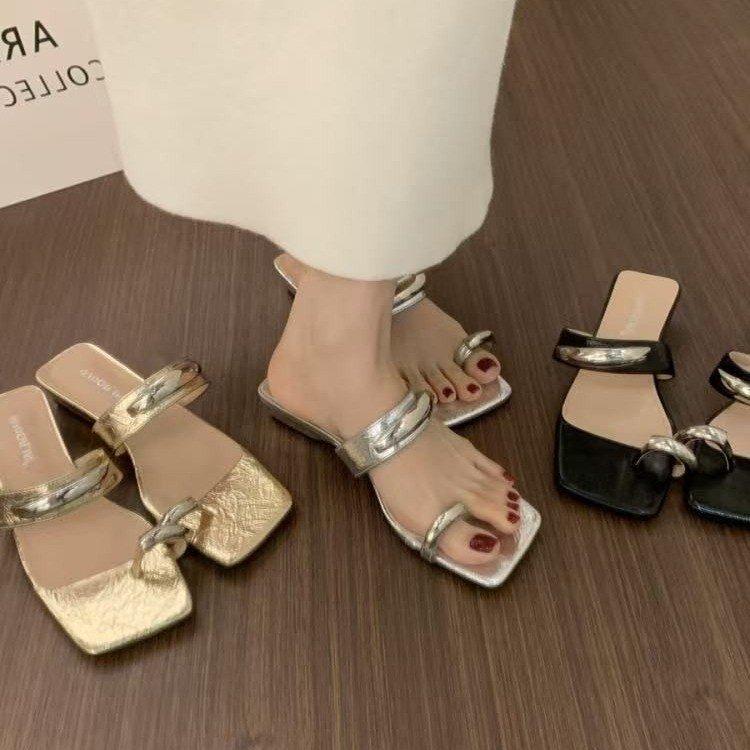 Coarse Heel French Metal Toe Slippers Women's Summer Wear 2025 New Beach Shoes Niche Square Head Cool Slippers Women