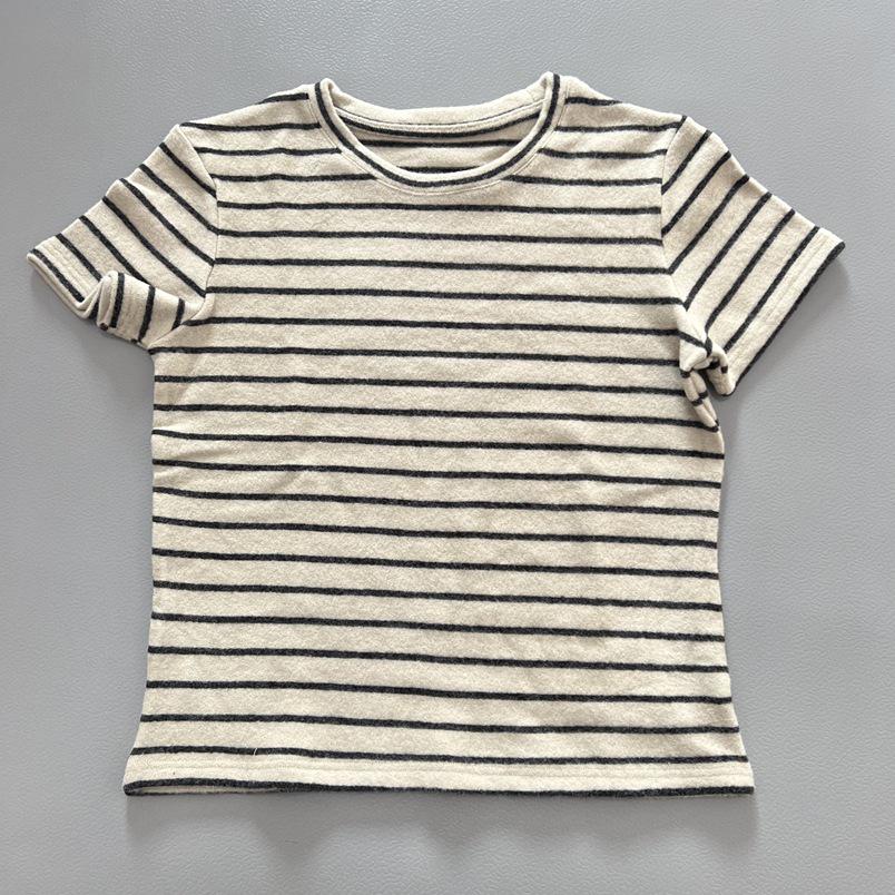 Women's Spring Arrival Velvet Short Sleeve Retro Stripe Loose T-Shirt - Round Neck Casual Versatile and Age-Reducing Top