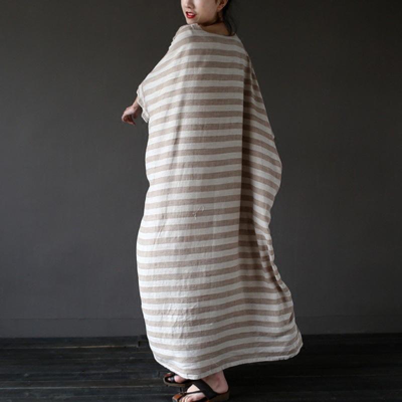 2024 Spring Ethnic-Style Mid-Length Striped Cotton Linen Dress for Women