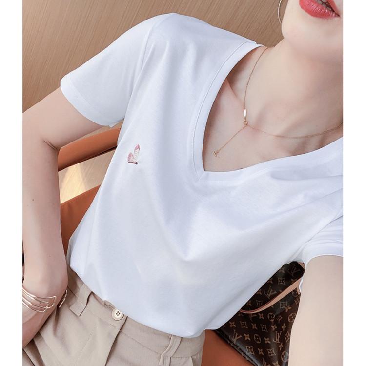 Short-sleeved T-shirt for Women's Cotton V-neck Spring and Summer New Slim and Versatile Pure Cotton Shirt