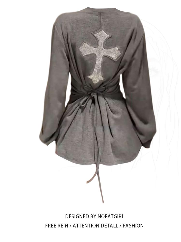 

Plus Size Chubby Girl Sexy Wind Cross Knitting Long Sleeves T-Shirt Female Fall and Winter Stylish Shoelace Waist Tight Hip Bag Tops M