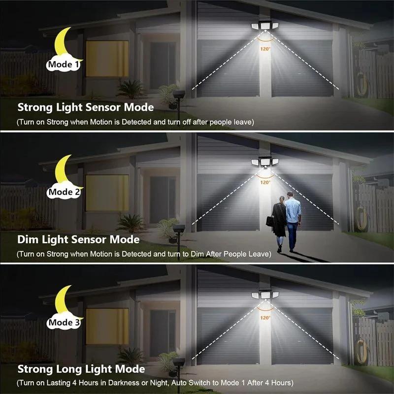 208 LED Solar Outdoor Lights 3 Heads Motion Sensor Security Lamp IP65 Waterproof Remote Control 3 Modes Flood Wall Light
