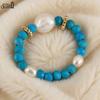 Effie Queen 925 Sterling Silver Turquoise & Natural Freshwater Pearl Strand Ring Nature Stone Series Finger Accessory Gift MPR01