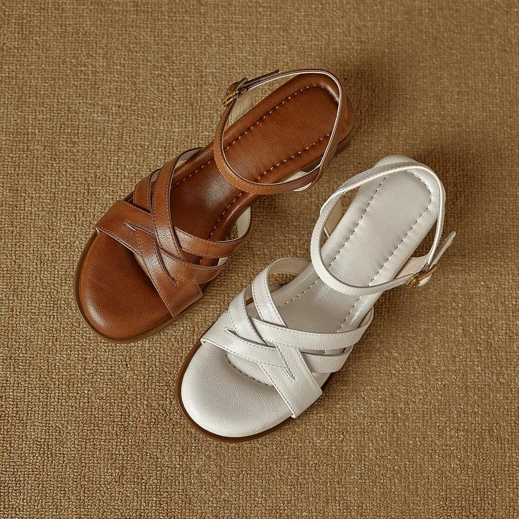 Krazing Pot Cow Skin Thick Med Heels Peep Toe Summer Size 42 Brand Shoes Street Wear Gladiator Elegant Women Sandals