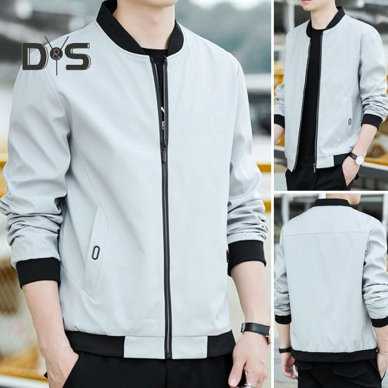 Men Baseball Coat Stand Collar Long Sleeve Zipper Placket Casual Outwear with Pockets Loose Fit Work Gym Jacket