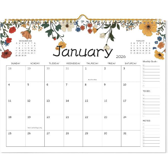 Wall Calendar 2026 – 15  x 12  Monthly Calendar with Floral Design from Now to Dec 2026, To-Do, Notes & Monthly Goals Sections, Floral Calendar