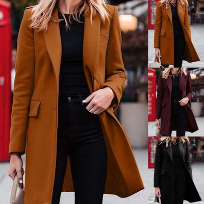 Women Jacket Solid Color Turn-down Collar Single-breasted Long Autumn Blazer for Work