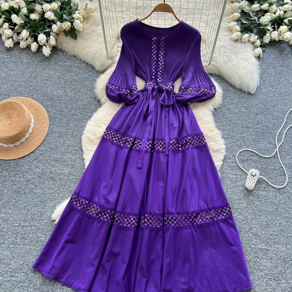 High-End Heavywork Lacing Paillette-Panel Waist-Banding Lantern Sleeve Maxi Dress for Women Autumn Charming Long Women Dress