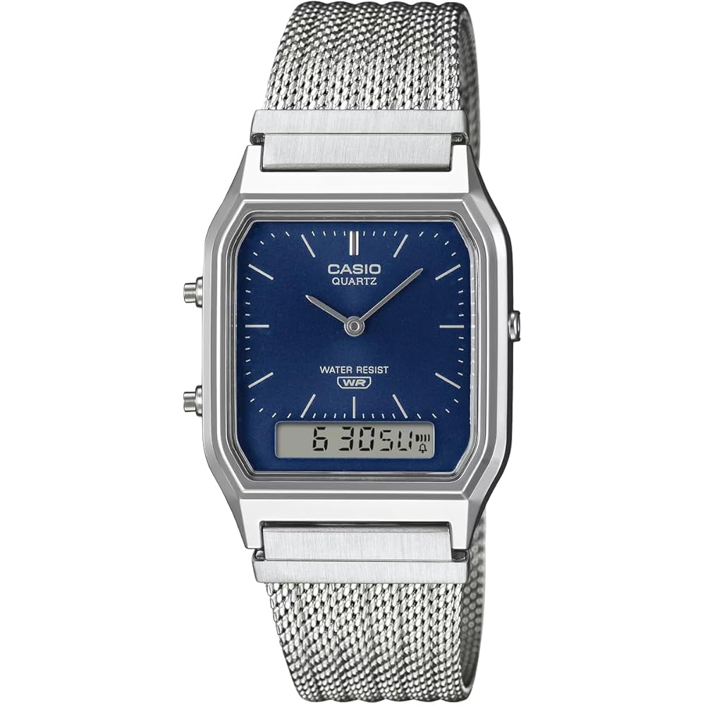 

Casio Ana-Digi Vintage Series Quartz Watch AQ-230EM-2A Mesh Metal Band Unisex Dual Time Navy