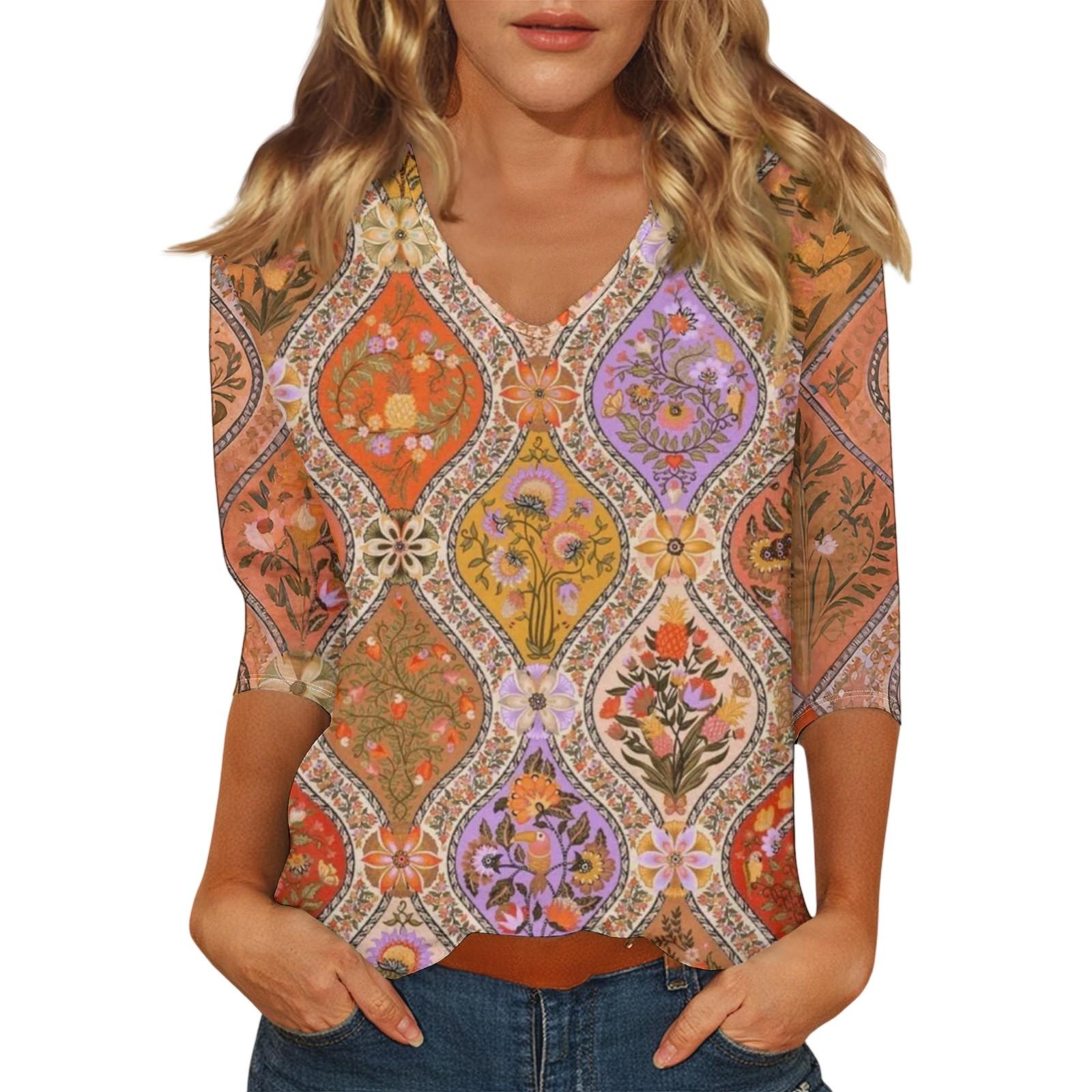 

Women s Casual Fashion Sexy Comfortable V-Neck Floral Seven Sleeve Top L