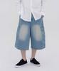 Akeusi Burning Wash Bermuda Street Cargo Oversized 3/4 Length Denim Pants Unisex (Light Blue Teen)