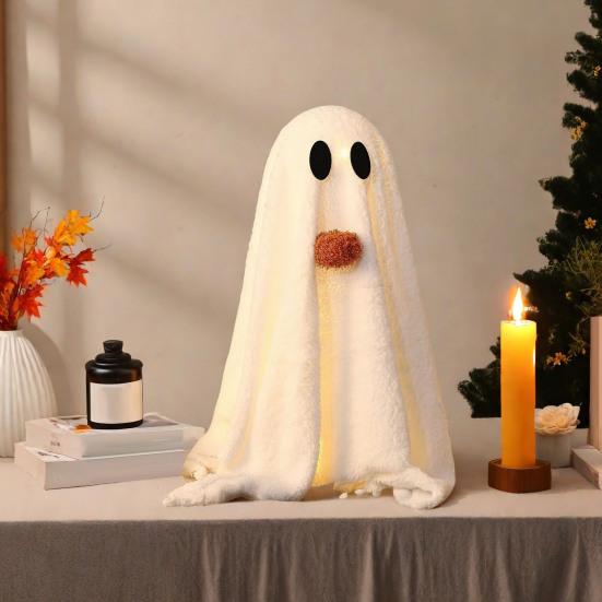 Light-Up Sherpa Ghosts with Pumpkin Cute Ghost Tabletop Decoration for Halloween Indoor Home Kitchen Fireplace Decor