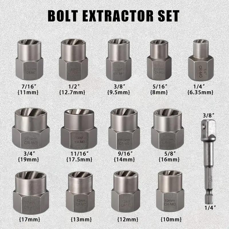 14 Pieces Impact Bolt & Nut Remover Set With Hex Adapter Easy-Out Stripped/Rounded/Rusted Fastener Removal 3/8" Drive Sockets