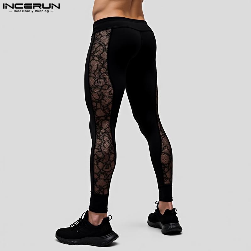 

INCERUN Men Elastic Waist Lace Patchwork Skinny Long Leggings Pants 4XL чорний