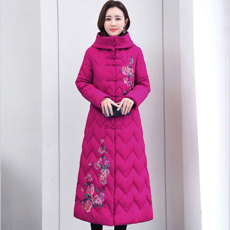 Mother's embroidered cotton-padded clothes with zipper Women's medium and long loose large size down cotton-padded clothes Winter cotton-padded