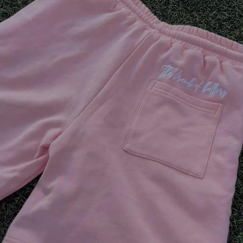 European and American Pink Embroidered Elastic Drawstring Casual Straight Leg Loose Shorts
