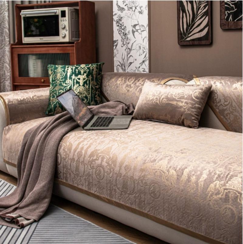 Luxury Embroidery Velvet Sofa Cover for Living Room, Non-Slip, Stamping Stripes, Cushion Mat, Sofa Towel, Home Couch Decor