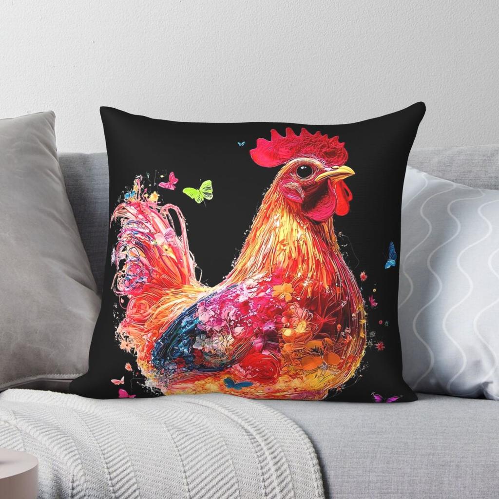 Chicken With Butterflies Square Pillowcase Polyester Linen Velvet Creative Zip Decor Pillow Case Sofa Seater Cushion Cover