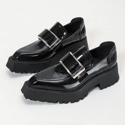 Moda Moda Czarne Lakierowane Kwadratowy Nosek Platforma Mokasyny Damskie Retro Metalowa Klamra Buty Codzienne Styl Brytyjski Marka Projektant But