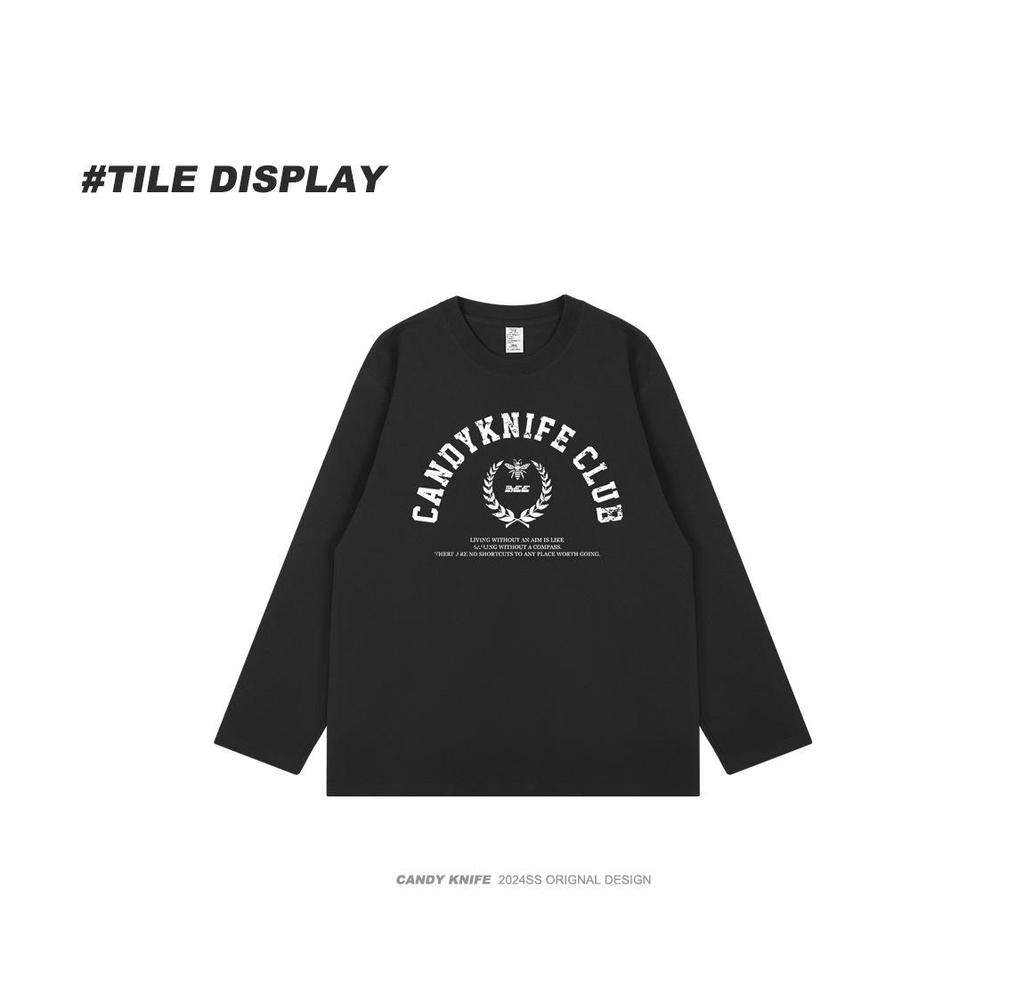 Trendy Korean Style Retro Letter Print Long Sleeve Cotton T-Shirt