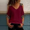 Women Half Sleeve V Neck Cold Shoulder Leopard Patchwork T-shirt Blouse
