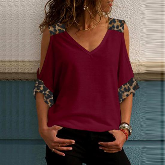 Women Half Sleeve V Neck Cold Shoulder Leopard Patchwork T-shirt Blouse