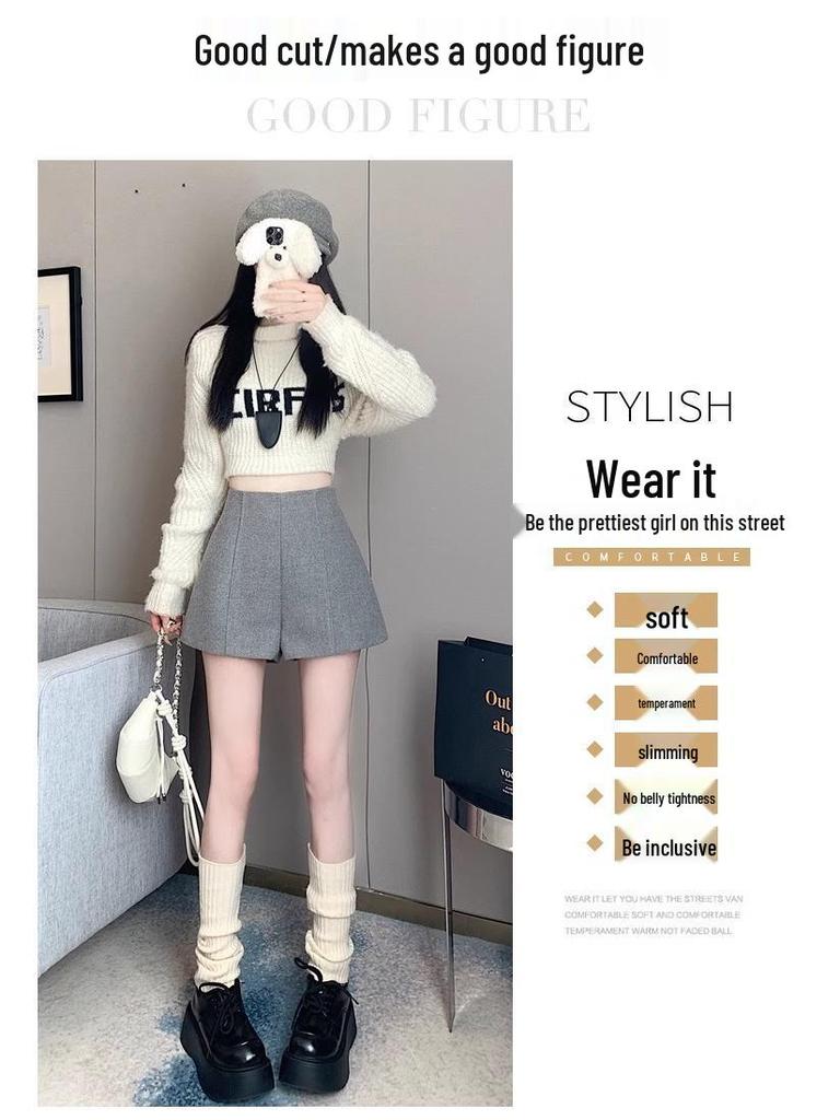 Women's Gray Retro Woolen Booty Shorts - Autumn/Winter Casual Straight Wide Leg Pants