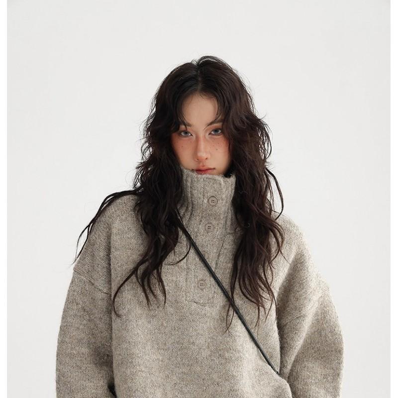 Womens Oversized Chunky Knit Sweater With Mock Neck Soft Wool Blend Loose Fit Winter Warm Top