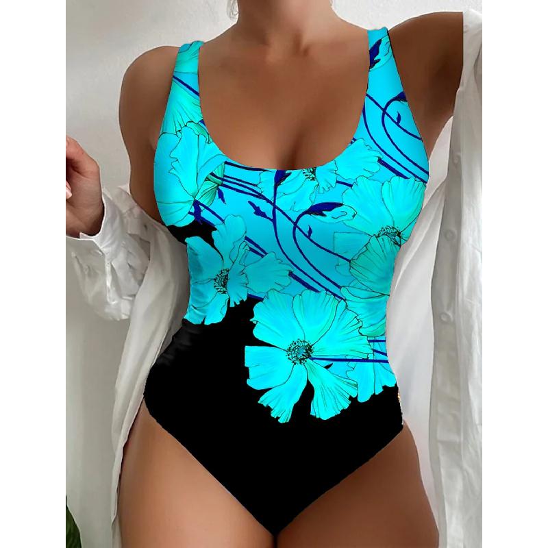 Women One Piece Swimsuit With Floral Print Padded Wireless Sleeveless Open Back Swimwear For Beach Pool Swimming Water Sports S-4XL