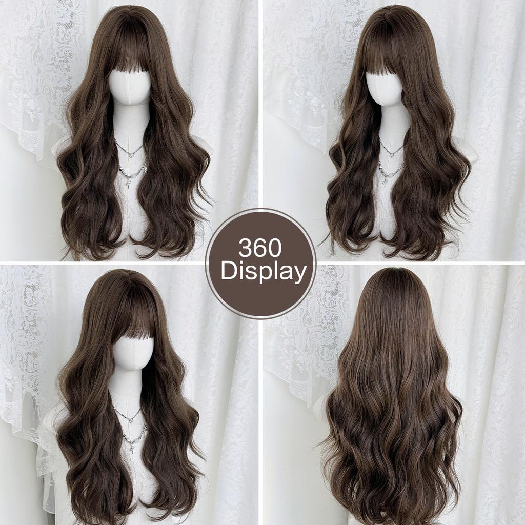 Middle East Cool Brown Big Waves Wig for Women - Air Bangs Long Curly Hair, Heat Style Trim Ready, European American Daily High Quality