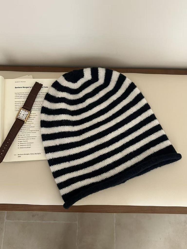 Japanese simple striped wool hat women's autumn and winter warm ear protection stacking hat drawstring cold hat pullover hat men's versatile new