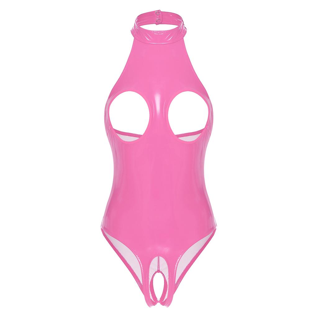 Womens Lingerie Open Breast Crotchless Lace Trimmed Leotard Bodysuit One-piece Wet Look Patent Leather Latex Teddy Clubwear
