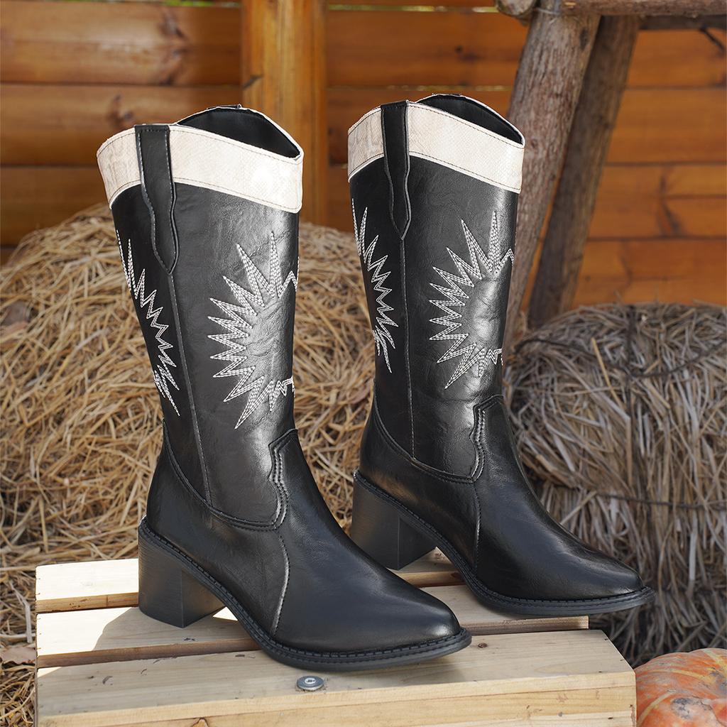 Women's Chunky Block Heels Cowboy Boots Wide Mid Calf Pointed Toe Non-Slip Embroidered Cowgirl Boots for Women Pull On Comfortable Western Booties