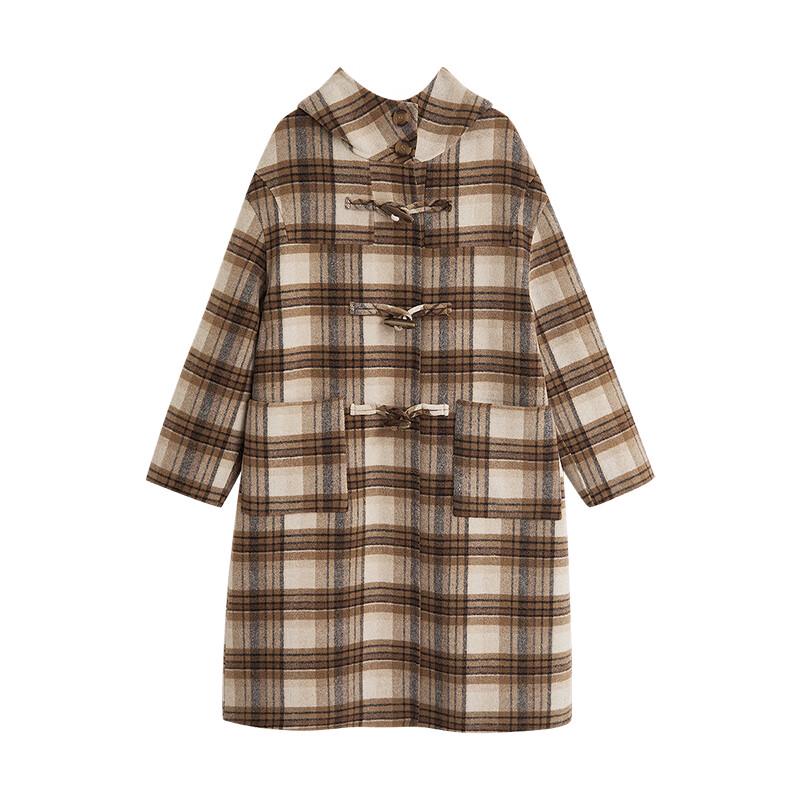 Chuyu Women's Loose Fit Plaid Wool Blend Hooded Coat