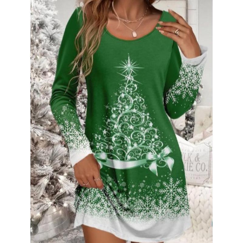 Women's Christmas Snowflake & Tree Print Casual Long Sleeve Dress