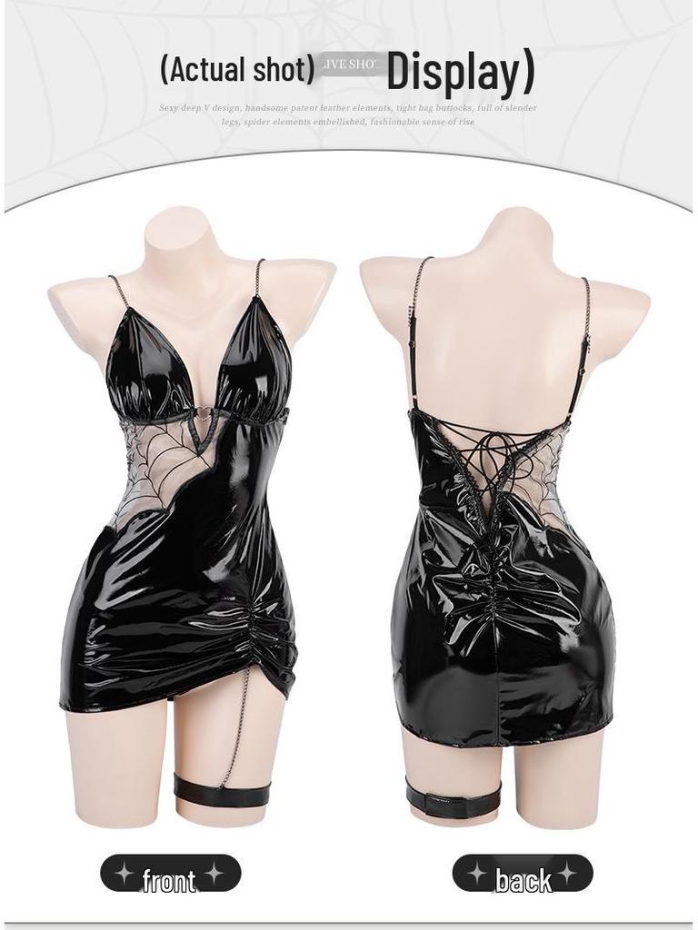 Man Yan 2025 Spiderweb Witch Costume - Sheer Bodycon Skirt & Slim-Fit Patent Leather Lingerie Set 8919