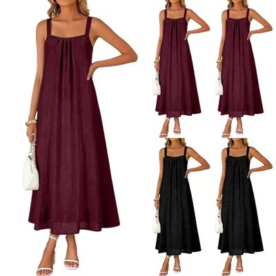 Women's Color Casual Camisole Regular Pleated Dress Long Skirt