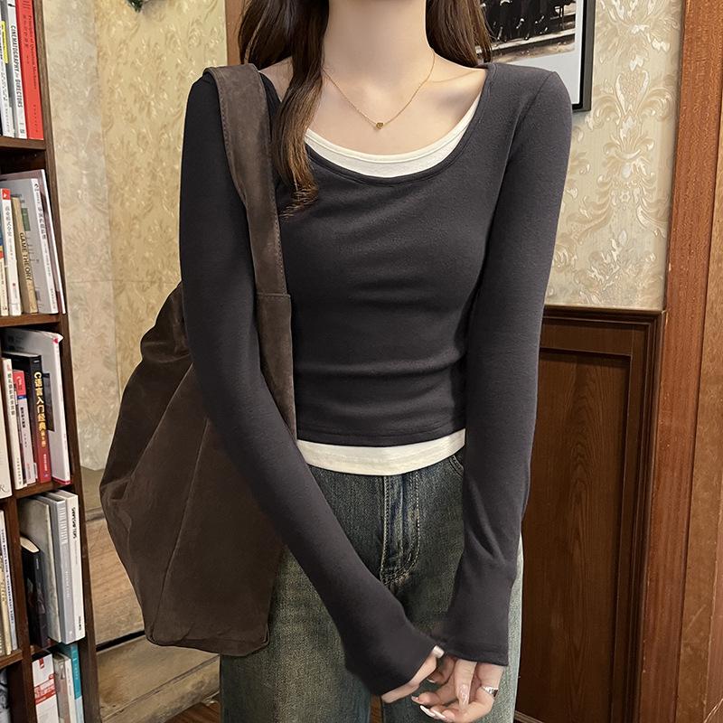 Dvoudílné barevně blokované tričko s dlouhým rukávem pro ženy Na jaro, Nové slim a čisté topy, Spodní prádlo, Základní tričko