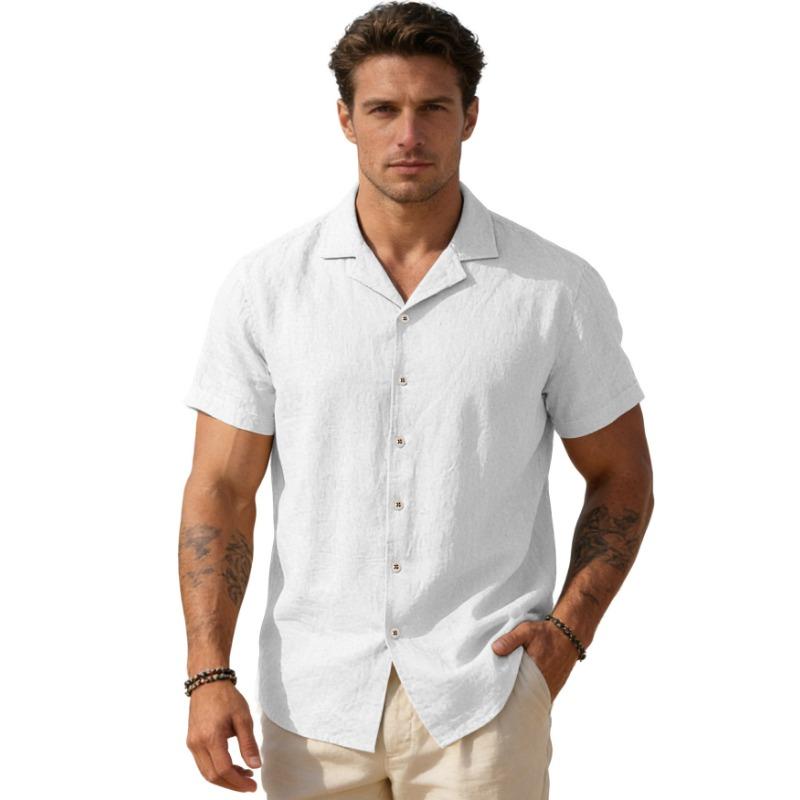 Mens Casual Linen Cuban Collar Short Sleeve Button Down Shirt S